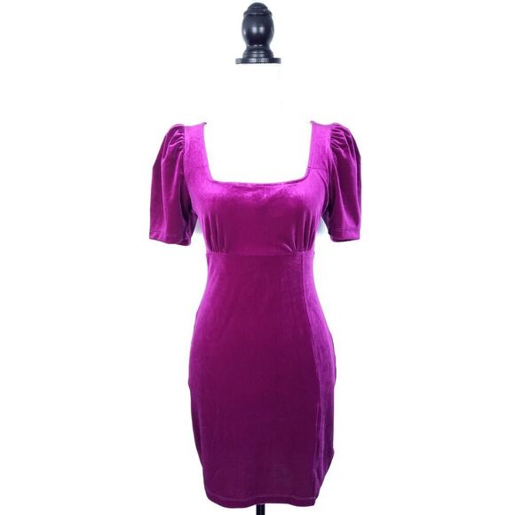 NEW NWT LUSH Magenta Square Neck Velvet Puff Sleeve Mini Dress Size Small - Picture 1 of 5